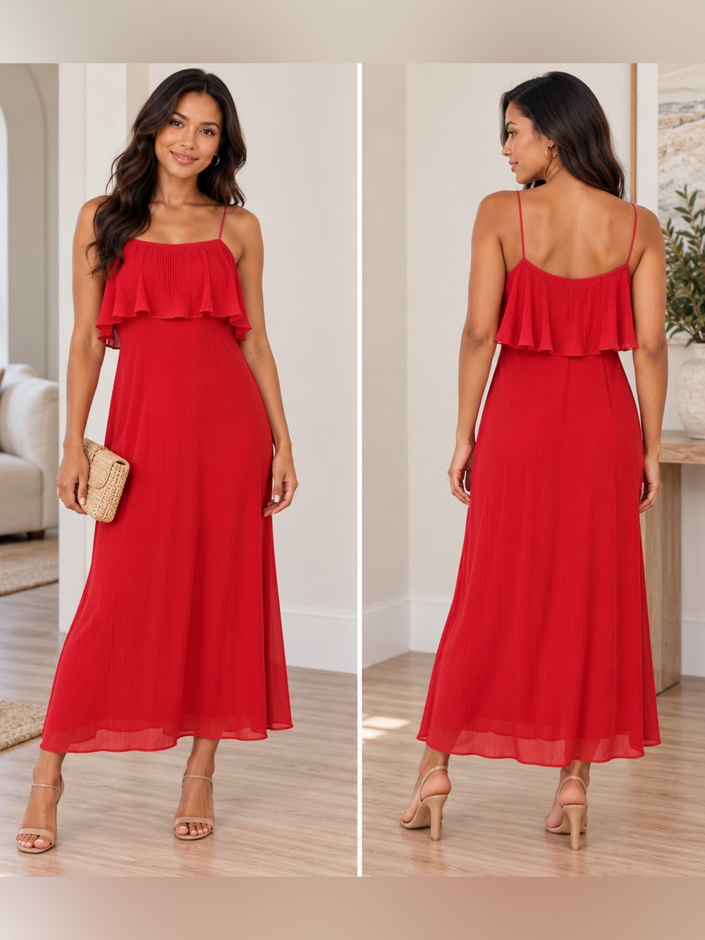 Club Monaco Queelyie Red Pleated Ruffle Maxi Dress Cochineal Size 6